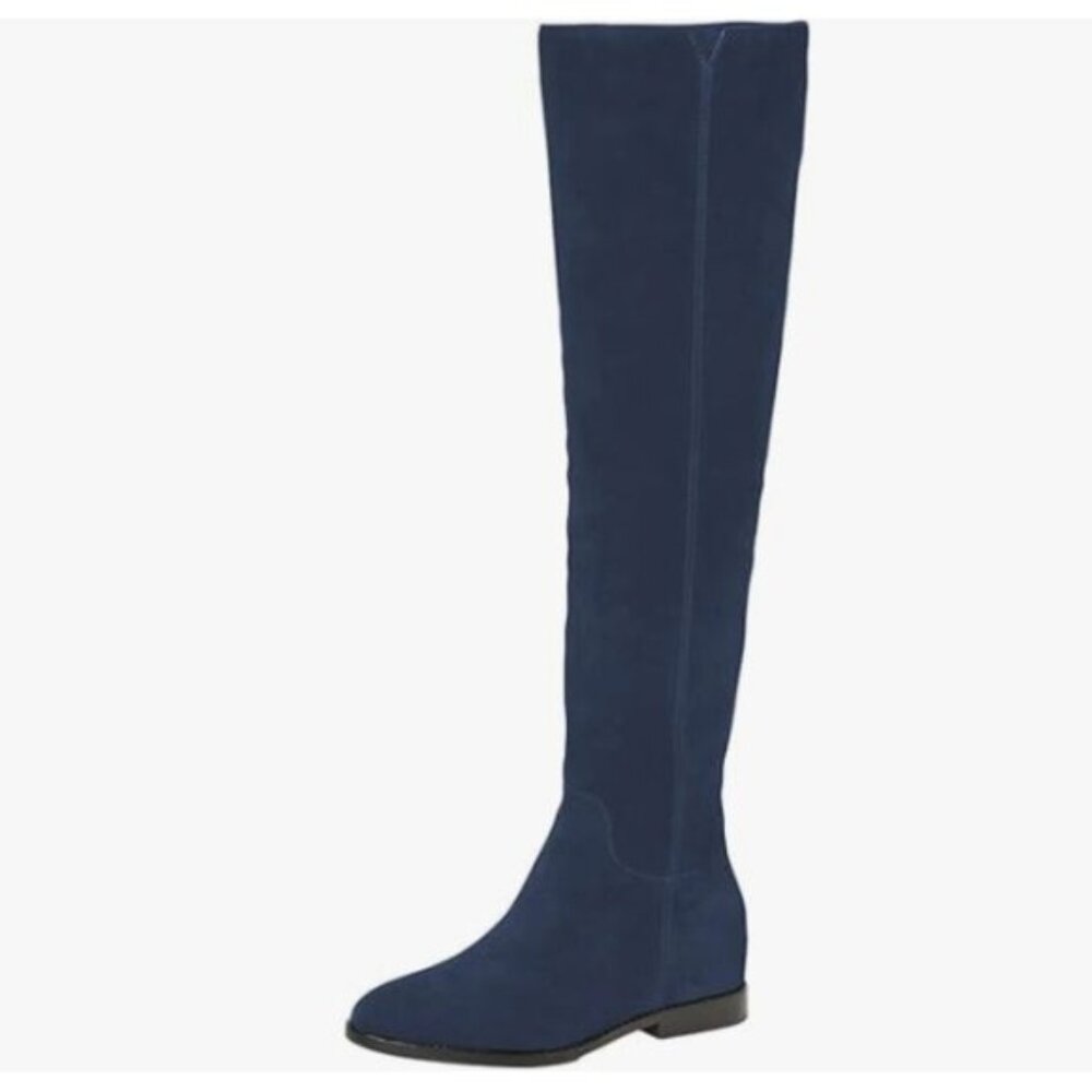 Pazzion Blue Almond Toe Knee High Boots with Partial Zippers Stretchy Long Boot